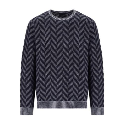 Emporio Armani Chevron Blå Ull Crewneck Jumper Blue, Herr