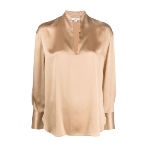 Vince Beige Silke Slits Hals Blus Beige, Dam