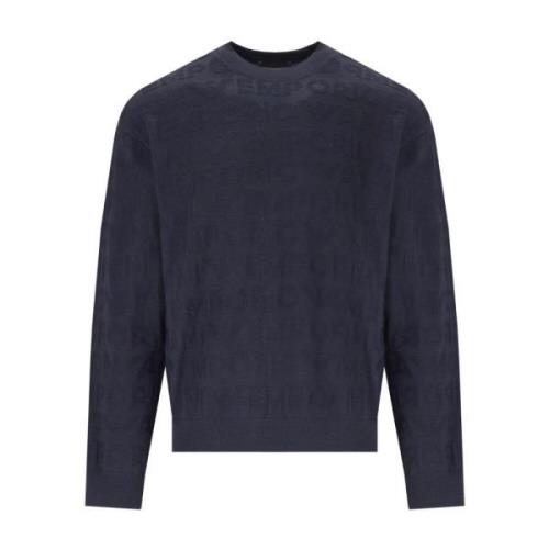 Emporio Armani Navy Blue Monogram Crewneck Jumper Blue, Herr