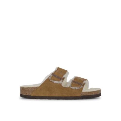 Birkenstock Shearling Suede Leather/Fur Sandaler Brown, Dam