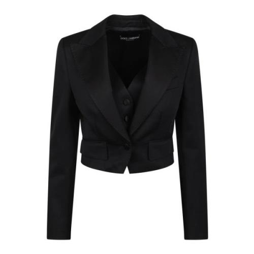 Dolce & Gabbana Gabardine Cropped Jacka med Peak Revers Black, Dam