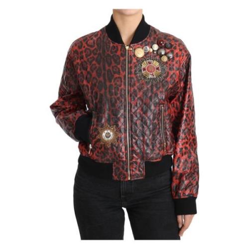 Dolce & Gabbana Röd Leopard Bomber Läderjacka med Kristallknappar Red,...