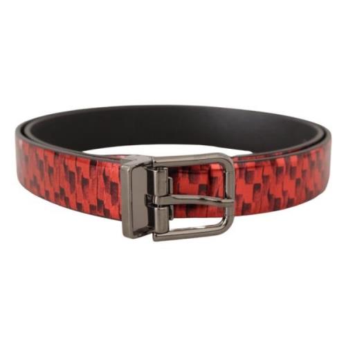 Dolce & Gabbana Rött Herringbone Läderbälte med Grå Ton Spänne Red, He...