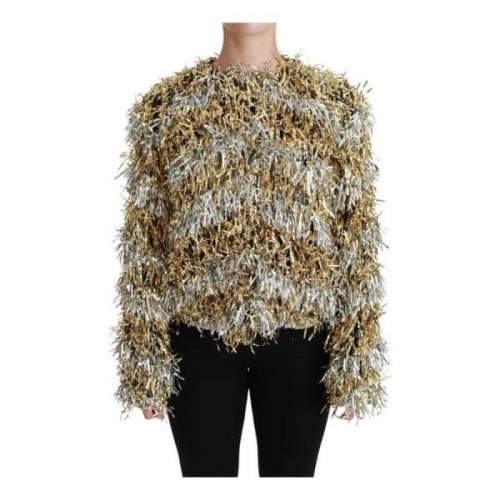 Dolce & Gabbana Fringed Metallic Cardigan Sweater Jacka Yellow, Dam