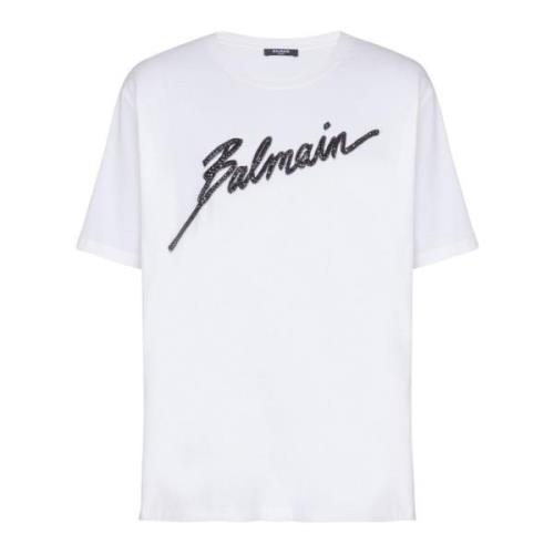 Balmain Broderad bokstav T-shirt White, Herr