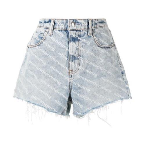 Alexander Wang Denim Shorts med All-Over Logo Print Blue, Dam