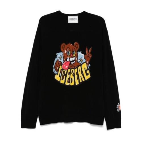 Iceberg Svart Stickad Crew Neck Logo Tröja Black, Herr