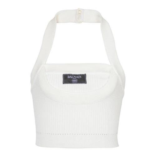 Balmain Räfflad stickad halternecktop White, Dam