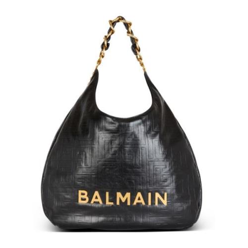 Balmain Stor 1945 Soft Hobo-väska i skrynklat kalvskinn Black, Dam