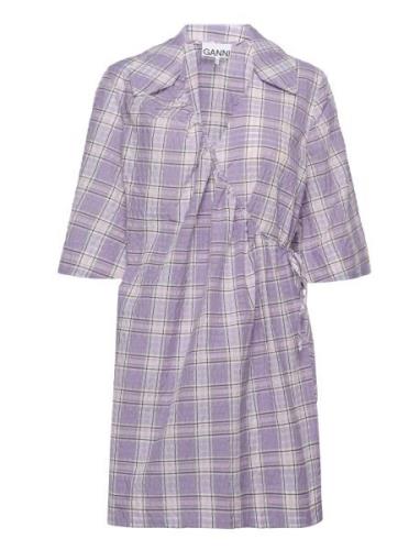 Seersucker Check Mini Wrap Dress Kort Klänning Purple Ganni