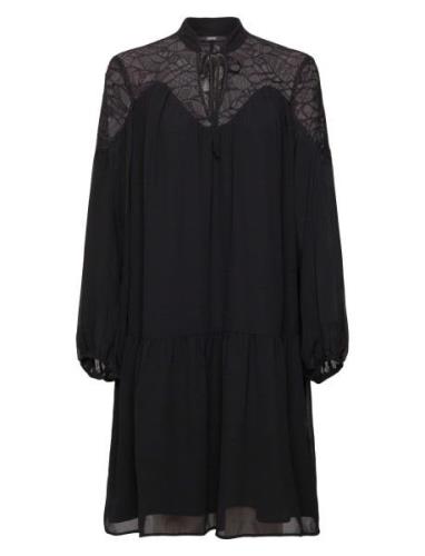 Chiffon Mini Dress With Lace Kort Klänning Black Esprit Collection