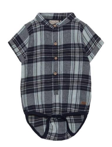 Body Ss Woven Check Bodies Short-sleeved Blue Minymo