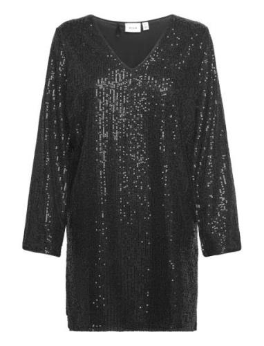 Viglitas Deep V-Neck L/S Sequin Dress Kort Klänning Black Vila