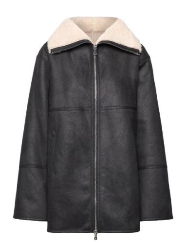 Shearling-Lined Coat With Zip Läderjacka Skinnjacka Black Mango