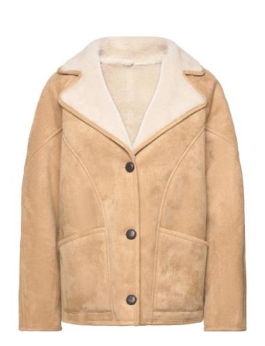 Shearling-Lined Coat With Buttons Läderjacka Skinnjacka Beige Mango