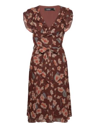 Floral Ruffle-Trim Georgette Dress Kort Klänning Brown Lauren Ralph La...