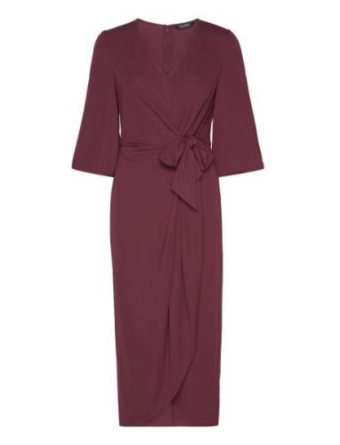 Stretch Jersey Tie-Front Midi Dress Knälång Klänning Burgundy Lauren R...