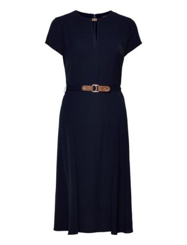 Belted Georgette Dress Knälång Klänning Navy Lauren Ralph Lauren