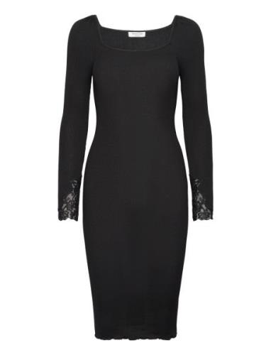 Silk Dress W/ Lace Knälång Klänning Black Rosemunde