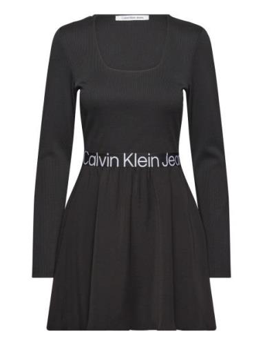 Logo Elastic Long Sleeve Dress Knälång Klänning Black Calvin Klein Jea...