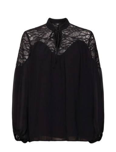 Chiffon Blouse With Lace Tops Blouses Long-sleeved Black Esprit Collec...