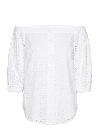 Cotton Eyelet-Shirt Tops Blouses Long-sleeved White Lauren Ralph Laure...