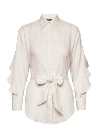 Ruffle-Trim Belted Linen Shirt Tops Shirts Long-sleeved Cream Lauren R...