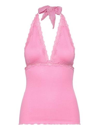 Silk Halter Neck W/ Lace Tops T-shirts & Tops Sleeveless Pink Rosemund...