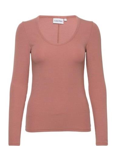 Calvin Klein Modal Rib Scoop Neck Ls Top Korall