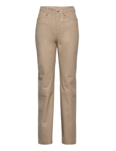 Leather Straight Pants Bottoms Trousers Leather Leggings-Byxor Beige R...