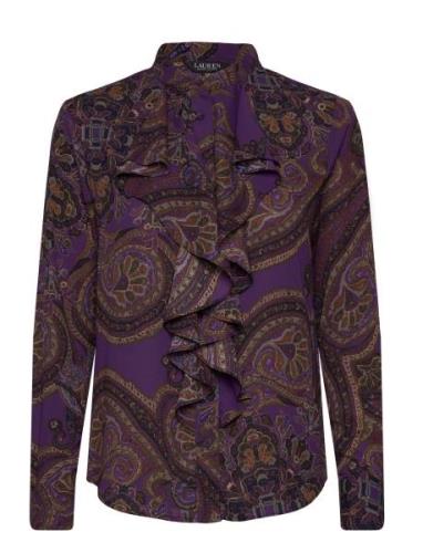 Paisley Ruffle-Trim Georgette Shirt Tops Shirts Long-sleeved Purple La...