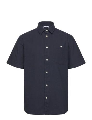 Regular Linen Look Short Sleeve Shi Tops Shirts Short-sleeved Navy Kno...