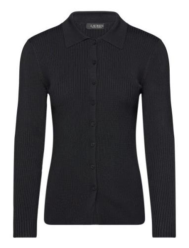 Rib-Knit Long-Sleeve Polo Cardigan Tops Knitwear Cardigans Black Laure...