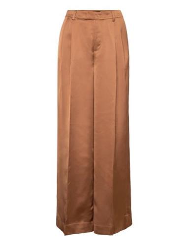 Pleated Satin Charmeuse Wide-Leg Pant Bottoms Trousers Wide Leg Brown ...