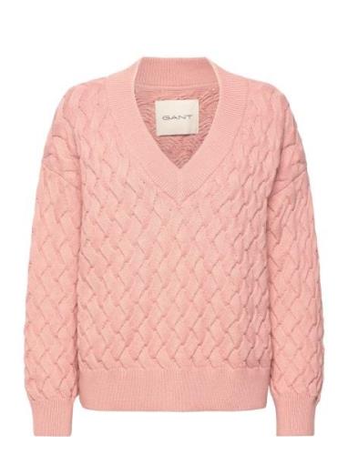 Textured Cotton V-Neck Tops Knitwear Jumpers Pink GANT