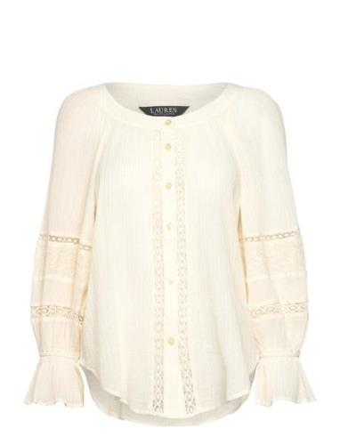 Lauren Ralph Lauren Lace-Trim Cotton Blouson-Sleeve Shirt Kräm