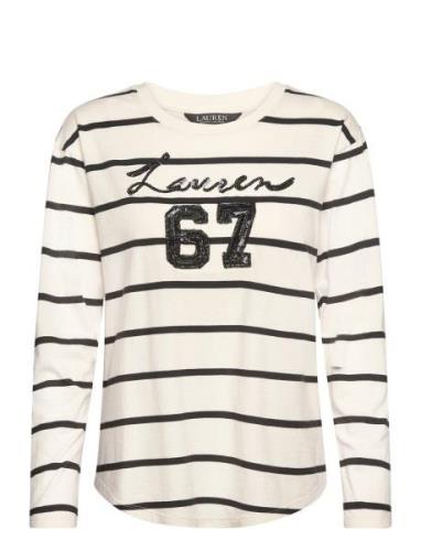 Lauren Ralph Lauren Sequined-Logo Jersey Long-Sleeve Tee Kräm