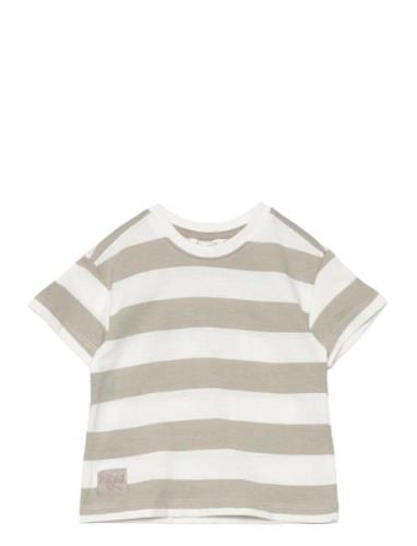Striped T-Shirt With Drawing Tops T-shirts Short-sleeved Beige Mango