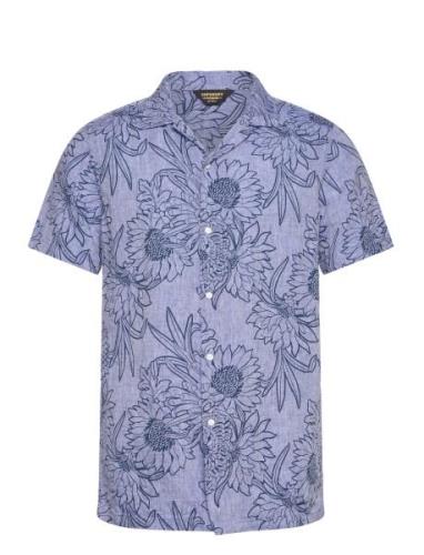 Superdry Open Collar Print Linen Shirt Blå