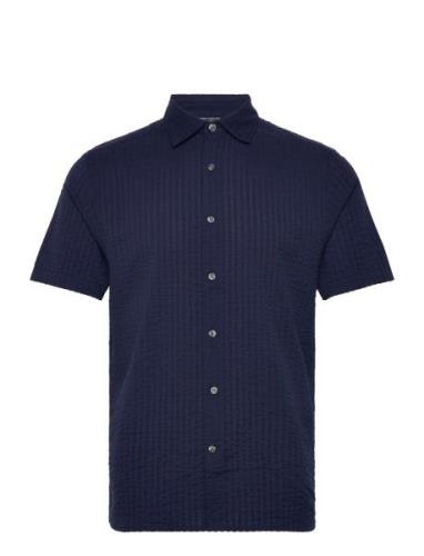 Ss Seersucker Check Shirt Tops Shirts Short-sleeved Navy French Connec...