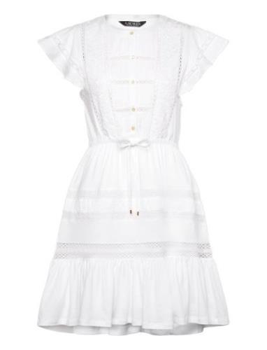 Lauren Ralph Lauren Lace-Trim Jersey Flutter-Sleeve Dress Vit