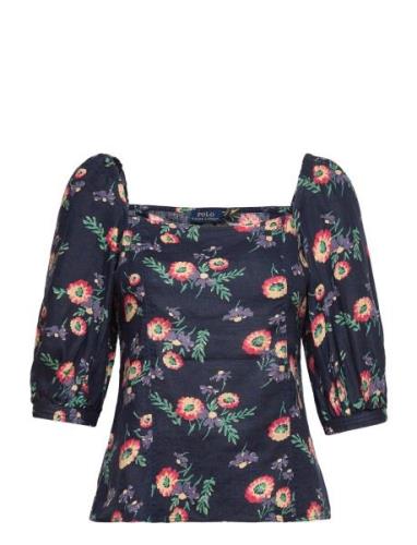 Floral Linen Blouson-Sleeve Blouse Tops Blouses Short-sleeved Multi/pa...