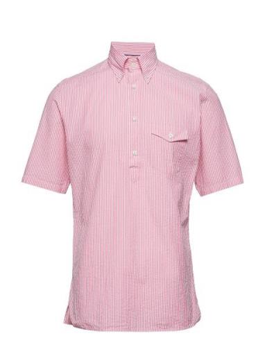 Navy Striped Seersucker Short Sleeve Popover Shirt Designers Shirts Sh...