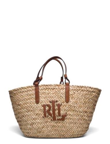 Leather-Trim Straw Medium Shelbie Tote Bags Totes Brown Lauren Ralph L...