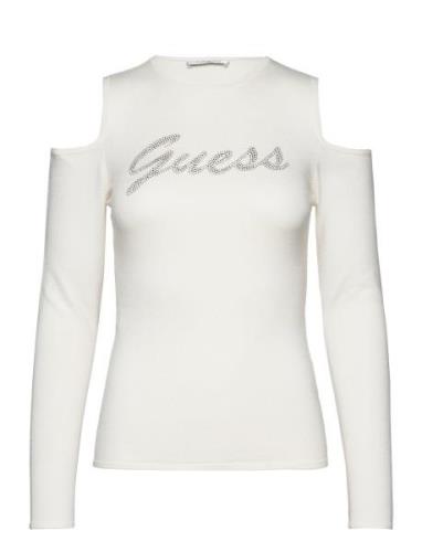 Ls Cold Shldr Guess Logo Swtr Tops T-shirts & Tops Long-sleeved White ...