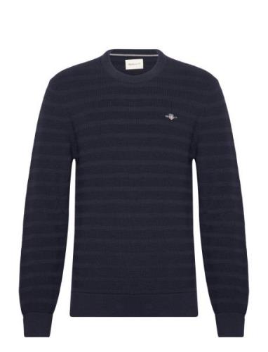 GANT Stripe Textured Cotton C-Neck Marinblå