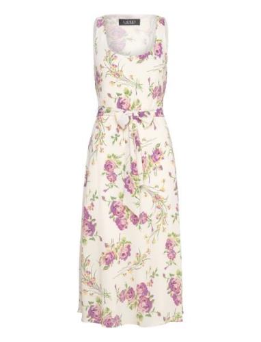 Floral Belted Crepe Sleeveless Dress Knälång Klänning Cream Lauren Ral...