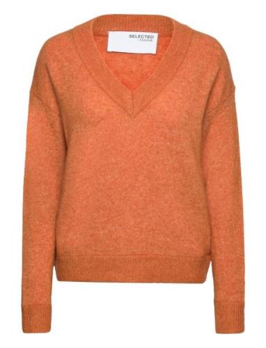 Selected Femme Slfmaline Ls Knit V-Neck Noos Orange