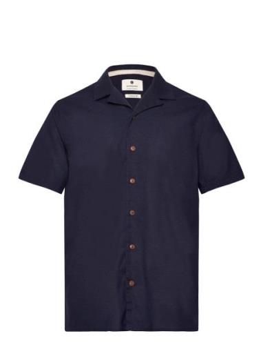 Akleo S/S Cot/Linen Shirt Tops Shirts Short-sleeved Navy Anerkjendt