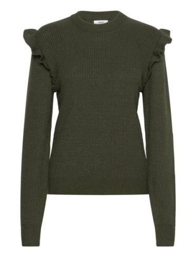 Objmalena L/S Ruffle Pullover Tops Knitwear Jumpers Khaki Green Object